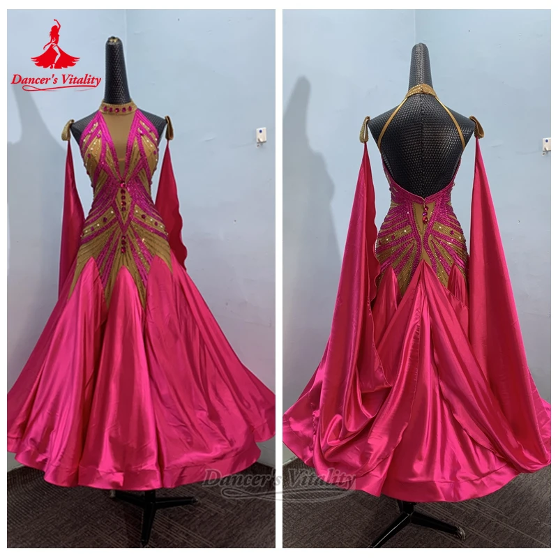 Dance Sport Rose Color Waltz Professional Wrapped Hips Dresses Customize Dancer's Vitality Adult Ballroom Contest&Perform Clothe