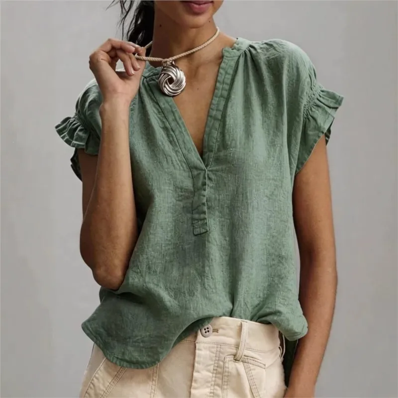 

Women's Blouses 2026 Spring Summer New Style Bohemian Casual V-neck Short-sleeved Solid Cotton Linen Simple Tops Women Clothing