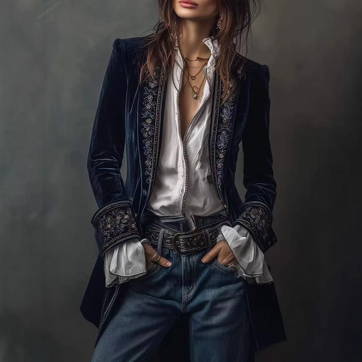 

2025 Women's Fashion Long Sleeve Solid Color Patchwork Lace Velvet Jacket