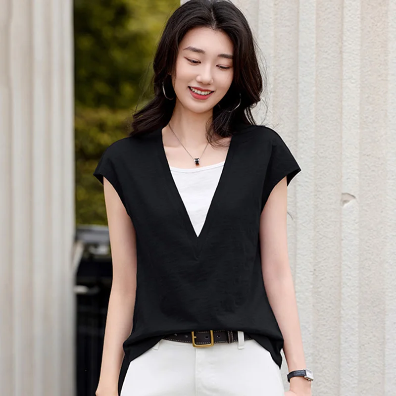 

New Contrast Color Design Women T-shirt Summer Fashion Patchwork V-Neck Short Sleeve Loose T-shirt Simplicity Casual T-shirt