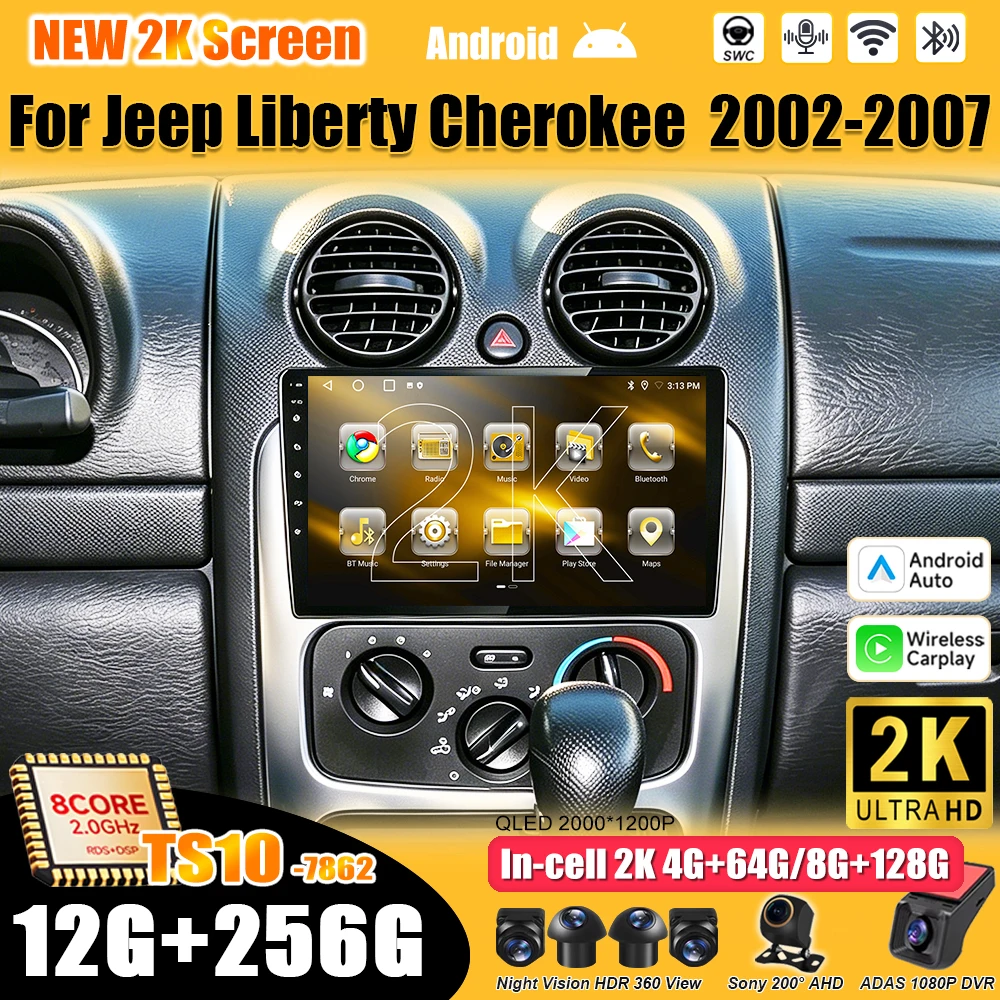 Android 16 For Jeep Liberty Cherokee  2002-2007 Car Radio Stereo Head Unit Multimedia Video Player GPS Navigation 2K QLED 9 Inch