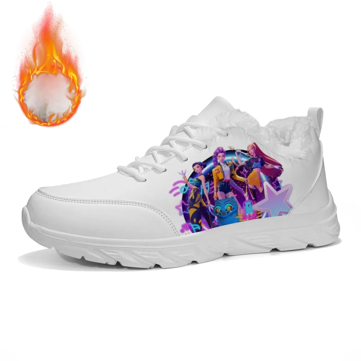

White Furry Lined Sneakers with Cartoon Print Men's Sports Shoes Lightweight Comfortable Walking Non Slip Sneakers Women