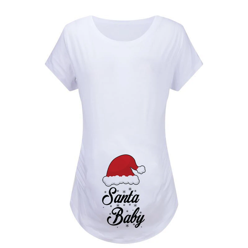 Christmas Womens Maternity T-shirt Santa Baby Printed Pregnant Women T Shirt Pregnancy Casual Short Sleeve T Shirt White Clothes