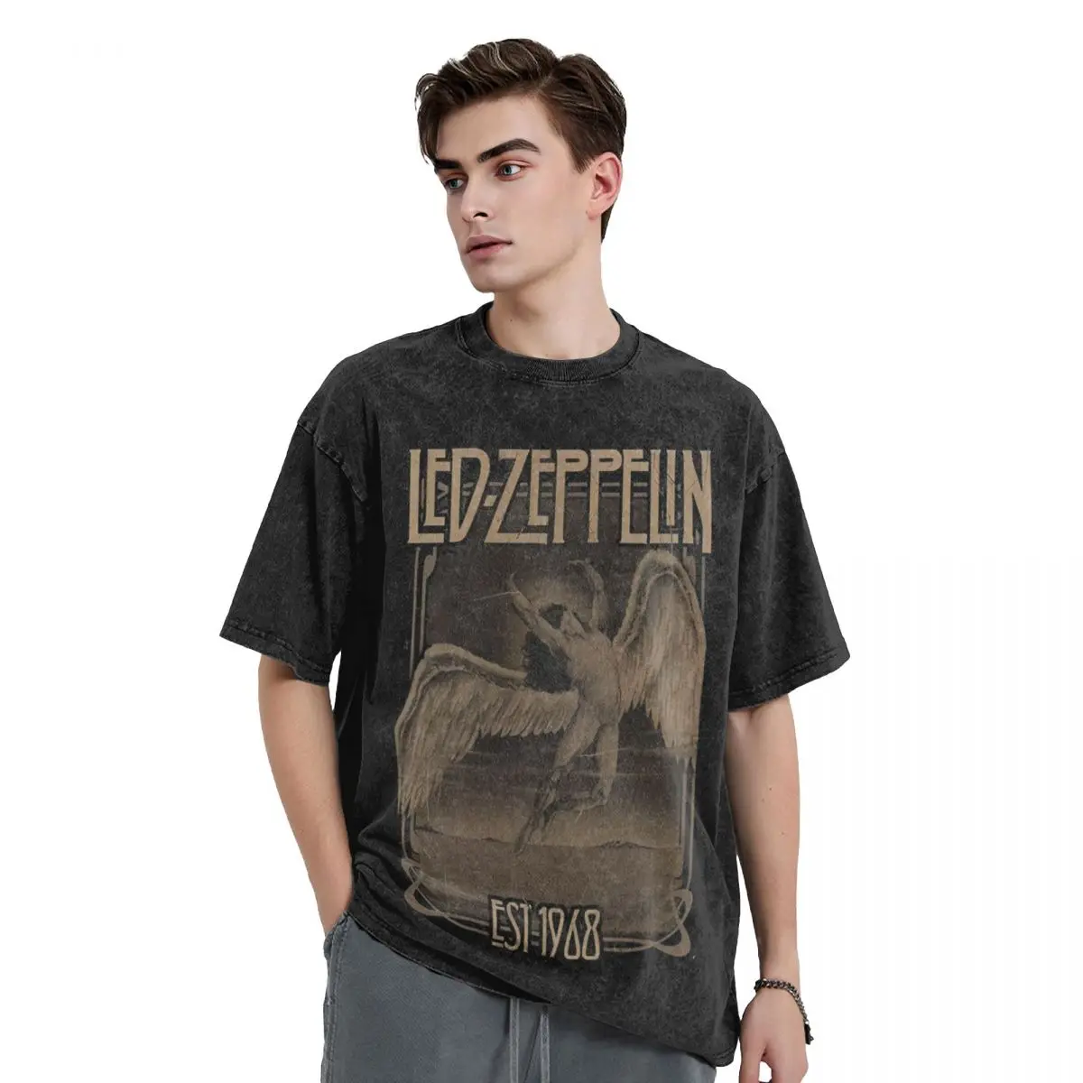 Heavy Metal Music Band Washed T Shirt Streetwear Hip Hop Vintage T-Shirt Ledzeppelins Tees Men Women Short Sleeve Oversize