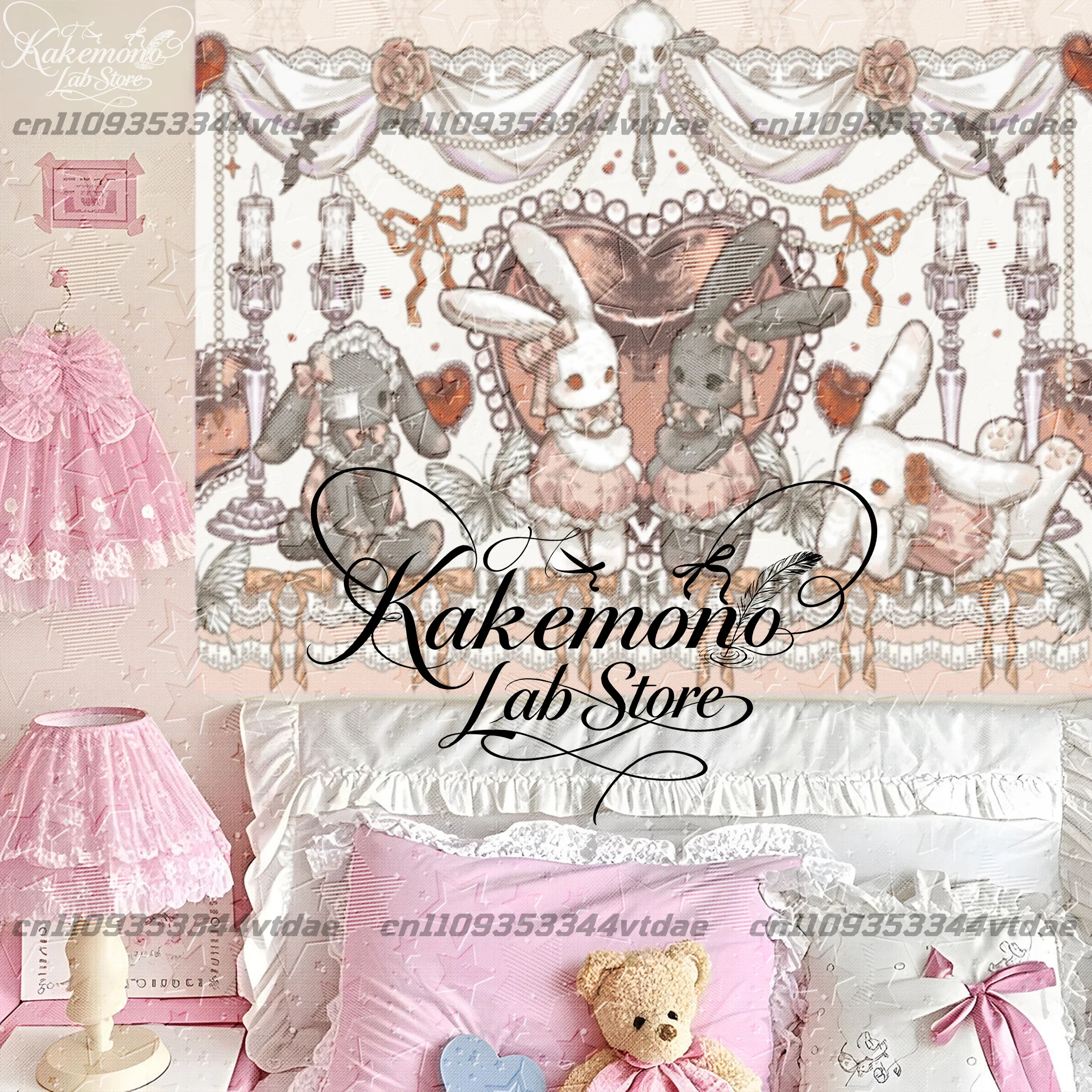 Y2K Sweetcore Gothic Pink Bunny Tapestry Vintage Lace Skull Rose Heart Rabbit Doll Poster Wall Hanging Aesthetic Home Decoration