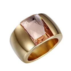 Women Fashion Stainless Steel Ring Quality Austrian Crystal Blue Green Red Stone Ring Female Titanium Gold Color Wedding Ring