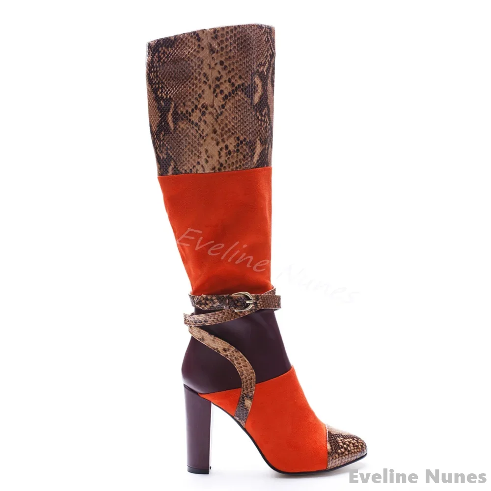 Flannel Snakeskin Colorblock Knee-high Boots Women Round Toe Chunky Heel Belt Buckle Side Zipper Long Boots New Fashion Boots
