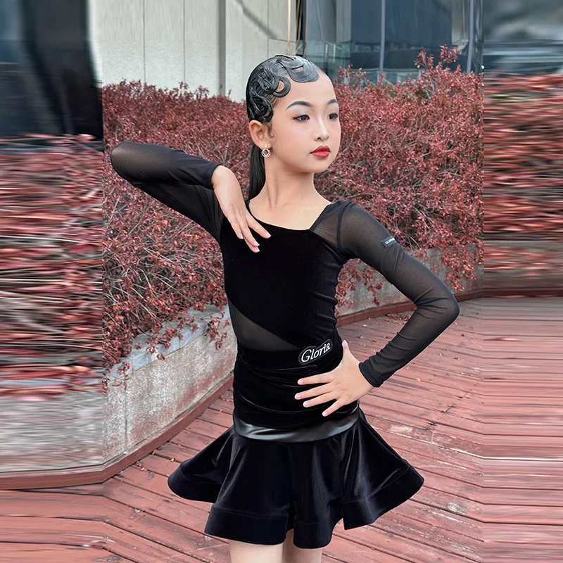 

Black New Kid's Latin Dance Costume Girls Long Sleeve BodySuit Fish Bone Skirt Set Tango Practice Performance Clothes XH1467