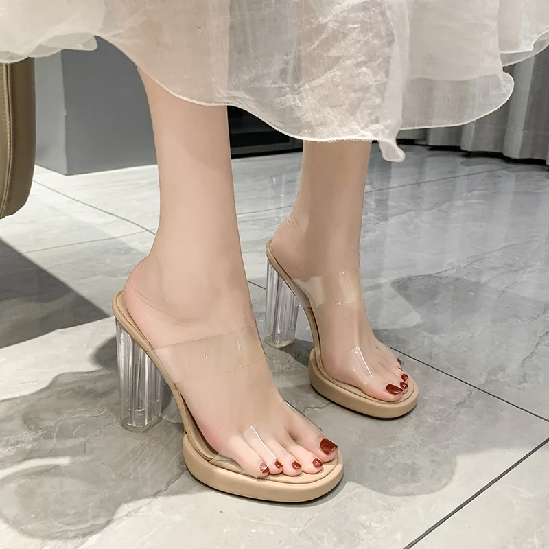 Summer Women Pumps Sandals PVC Jelly Slippers Open Toe High Heels Women Transparent Perspex Slippers Shoes Heel Clear Sandals