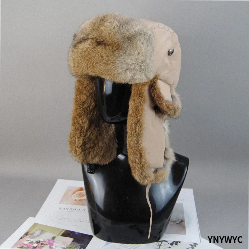 Men Winter Real Fur Hat Unisex 100% Natural Warm Genuine Rabbit Fur Bomber Hats Women Outdoor Real Rabbit Fur Ear Protection Cap