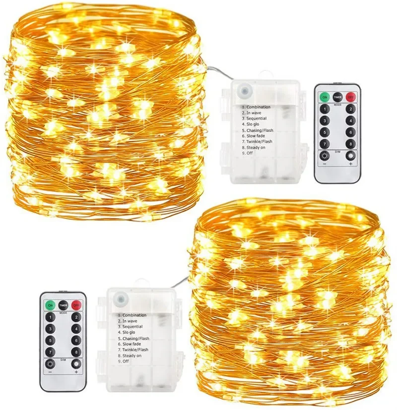 Impermeável Controle Remoto Fairy Lights, Bateria Operado Decoração, Natal Luz, 8 Modo, Temporizador LED String, Fio de Cobre, 10m, 20m