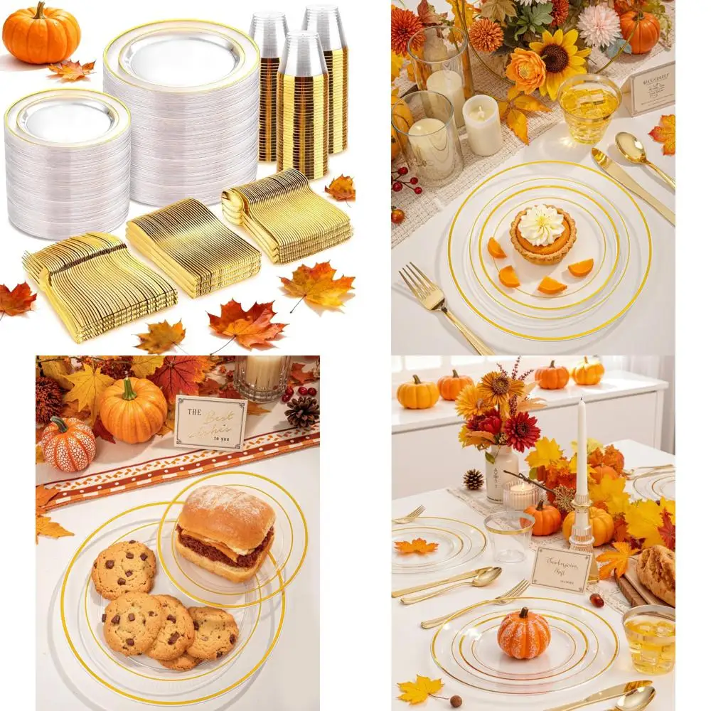 

Одноразовый набор посуды с прозрачной золотой отделкой — 600 предметов, включая 100 обеденных тарелок, 100 десертных тарелок, 100 ножей для элегантных D