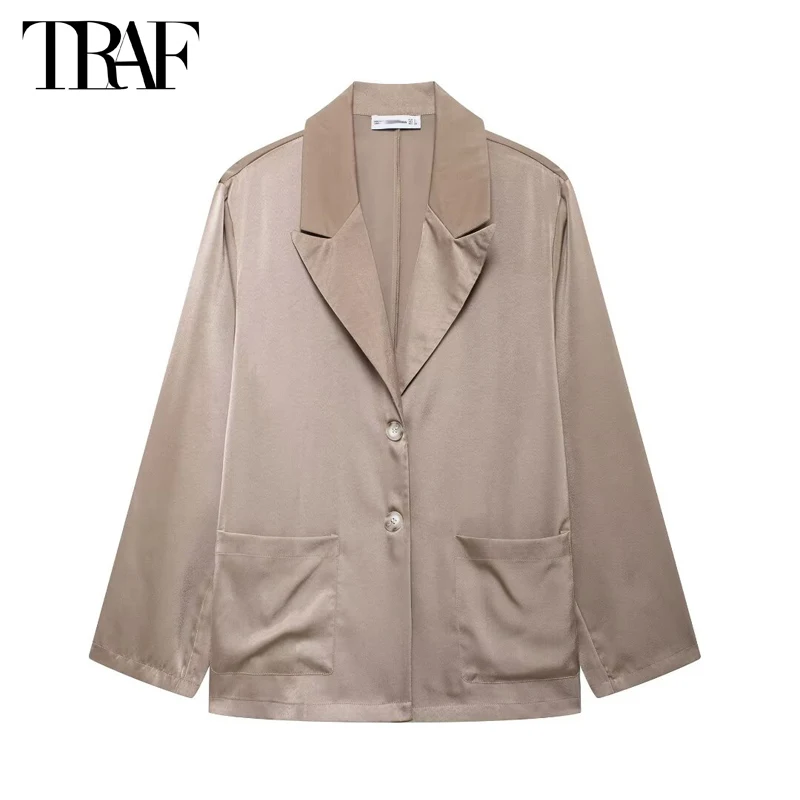 TRAF-Blazer de cetim reto feminino, blazer de escritório, blazers de alfaiataria feminina, manga longa, blazer de botão, blazer feminino de férias, 2024