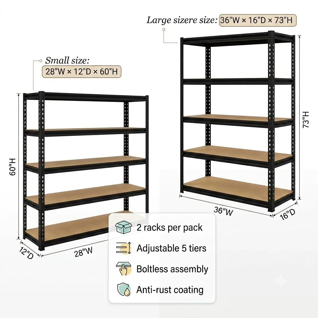 2 Pack Heavy Duty 5 Tier Storage Shelving Unit, Boltless Adjustable Metal Frame Wood Deck Storage Rack, 2 Sizes Available, Garage Basement Warehouse Organizer Rack