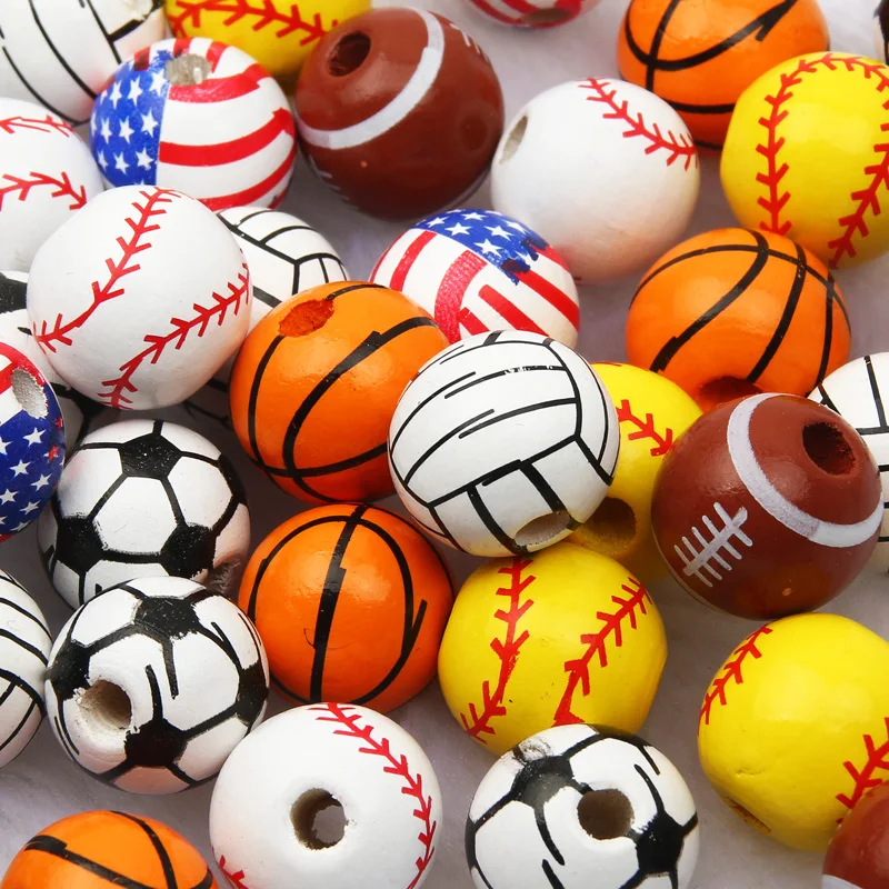 10pcs/Lot Football Wooden Beads Round Loose Spacer Beads For Handmade Necklace Bracelet DIY Jewelry Making Accessories 16mm