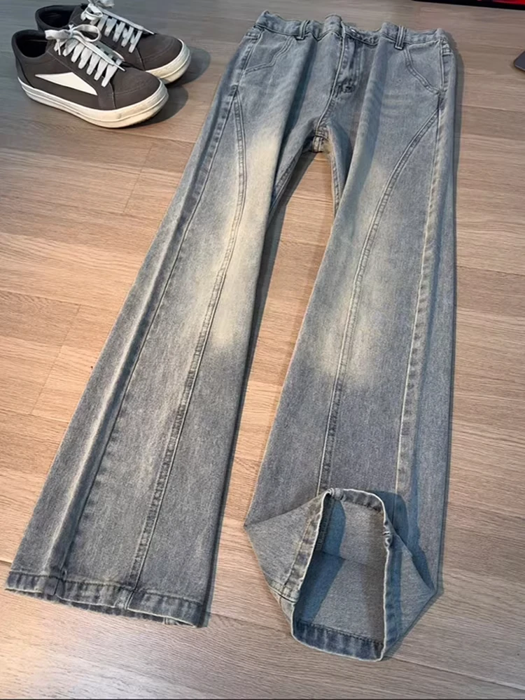 

Мужские джинсы-клеш в стиле ретро с диагональным синим узором, американские прямые джинсы с высокой талией, удлиняющие ноги