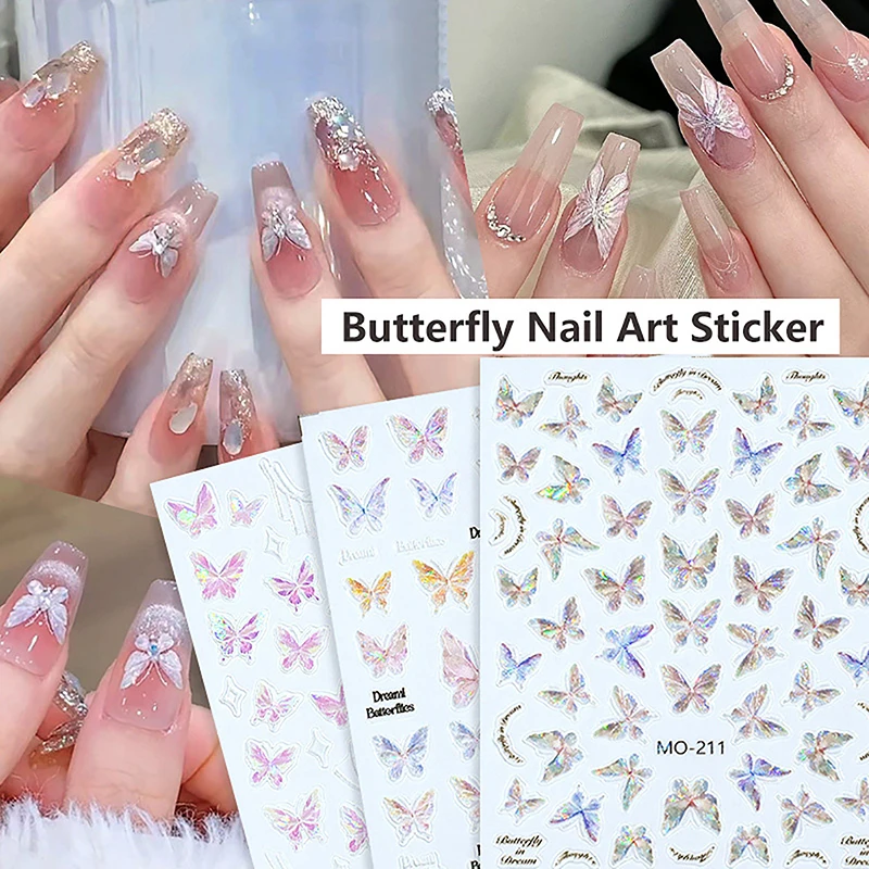 3D Butterfly Nail Art Stickers Strong Adhesive Y2K Mirror Gold Silver Aurora Laser Nail Stickers DIY Manicure Decoration Salon