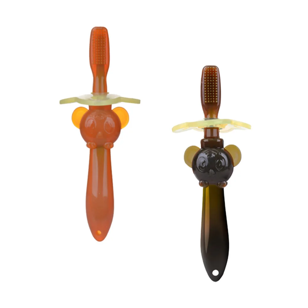 

2Pcs Infant Toothbrush Soft Bristles Chewing Safe Unique Handle Teething Pad for Babies Light Brown Dark Brown