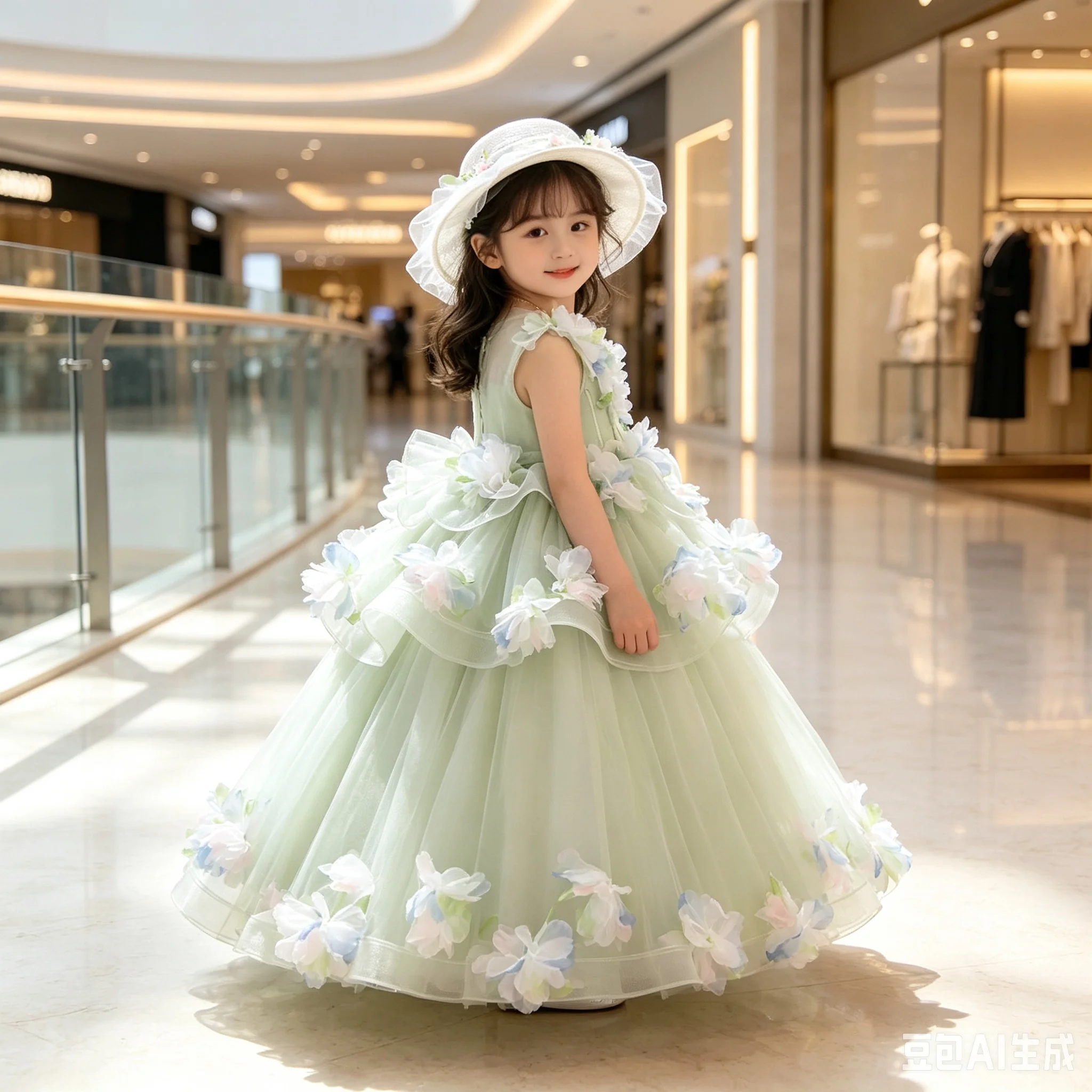 Kids Formal Host Clothes Green Floral Elegant Children GirlsRunway Performance Pageant Costume Birthday Party Princess Gown
