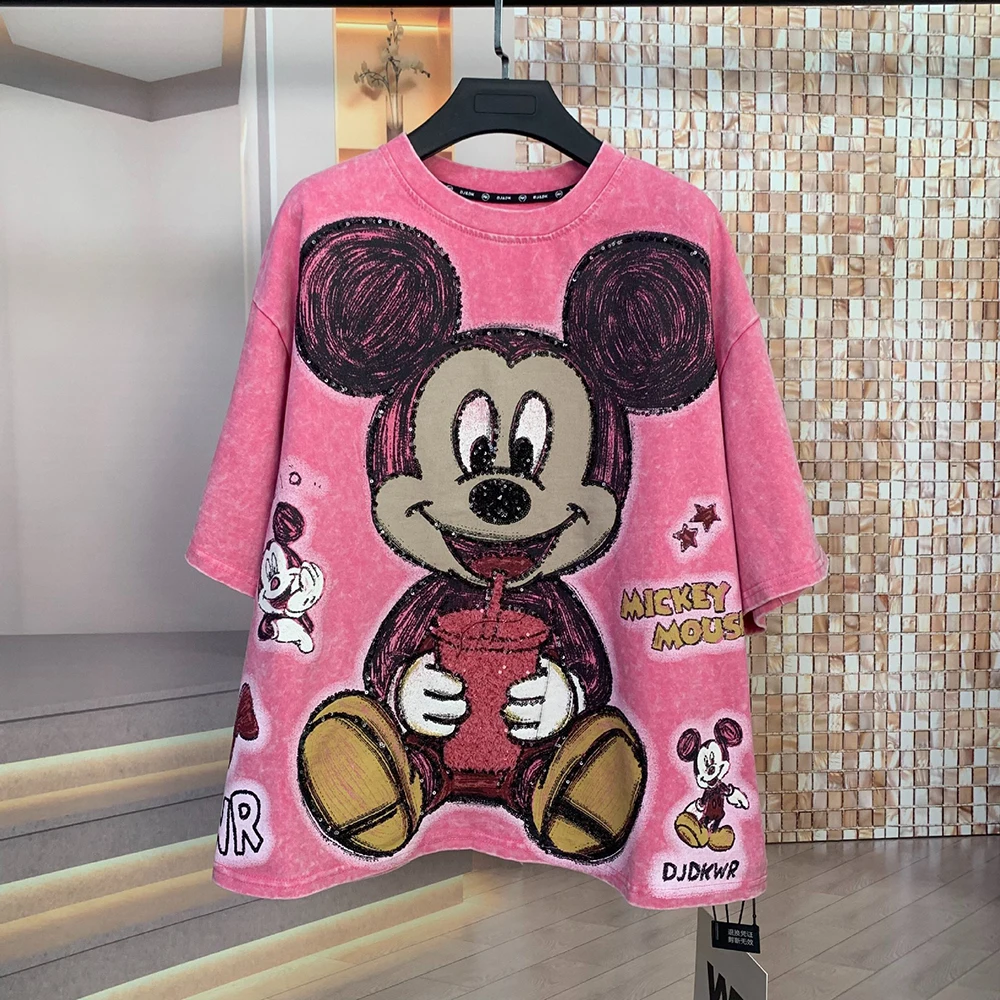 

Женская футболка больших размеров с блестками и изображением Микки Мауса, модный повседневный топ с коротким рукавом