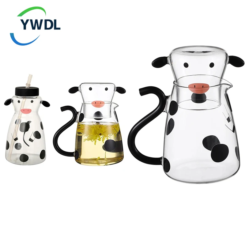 YWDL Glass Water Carafe Set With Cup Lovely Cartoon Cow Cold Kettle Flowering Teapot Canister Milk Iced Beverage Bottle Jug