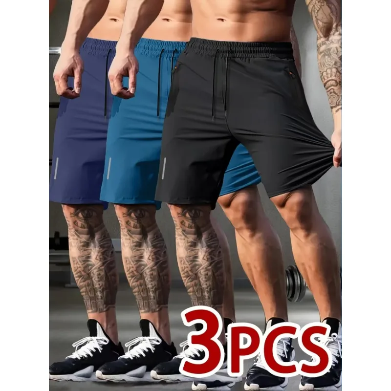 Men's 3-Piece Set Gym Running Shorts Breathable Quick Dry Drawstring Summer Lightweight Workout Fitness Loose Fit Active Outdoor