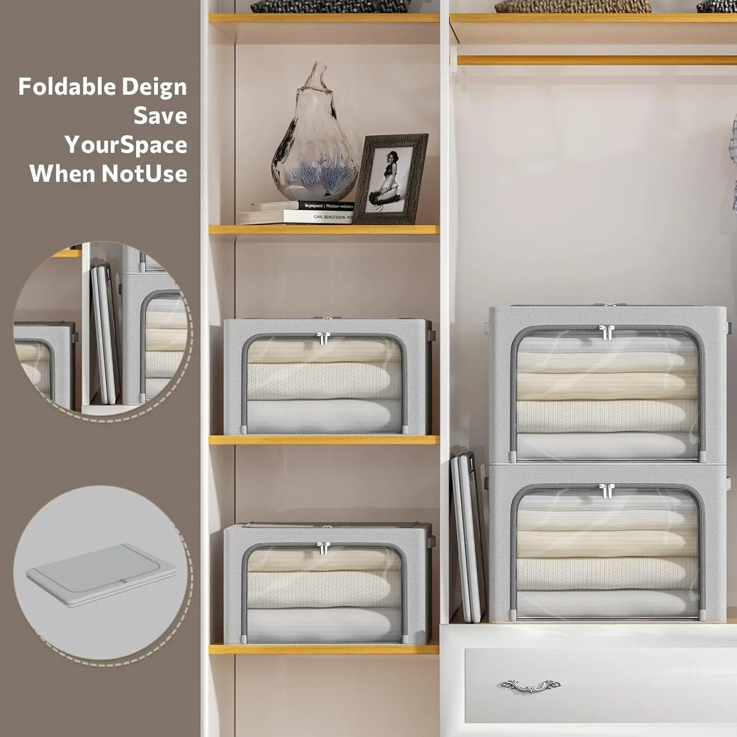 4 Pack Clothes Storage Bins - Oxford Fabric Metal Frame Storage Box - Foldable Stackable Container Organizer Set With Clear