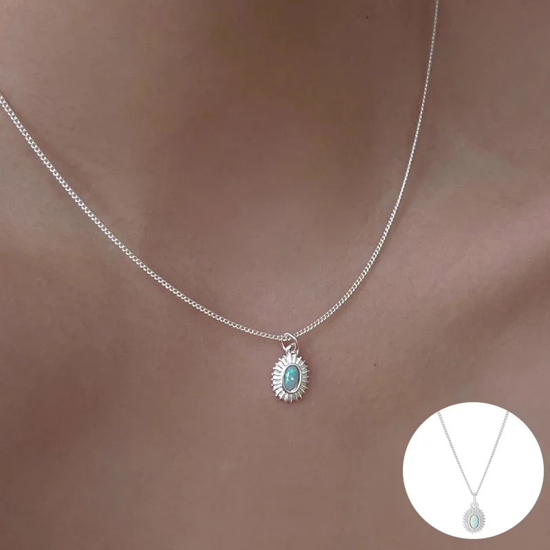 

100% 925 Sterling Silver Opal Geometric Necklace for Women Girl Simple Fashion Texture Design Jewelry Party Gift Dropshipping