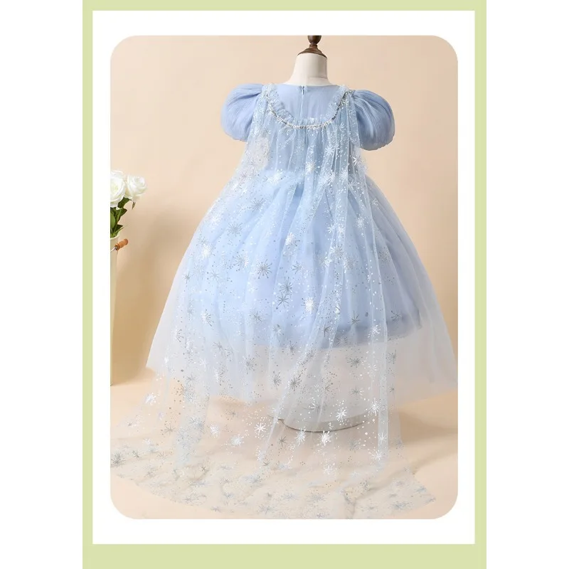 Zoete kleine en middelgrote kinderen geplooide ijs- en sneeuwblauwe prinsessenjurk met korte mouwen jurk 2025, nieuwe stijl voor meisjes