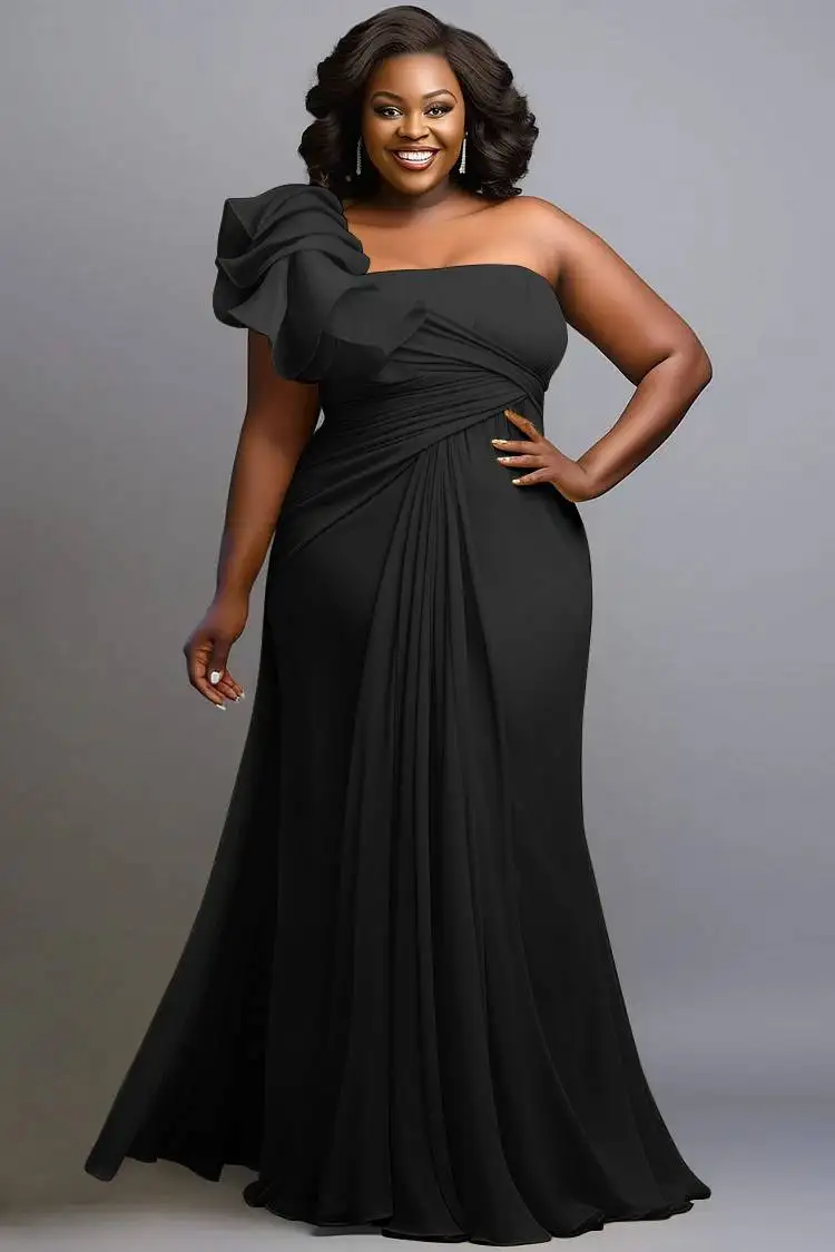 

Plus Size Formal Black Asymmetrical Collar Waistcoat Ruffled Fold Chiffon Maxi Dresses