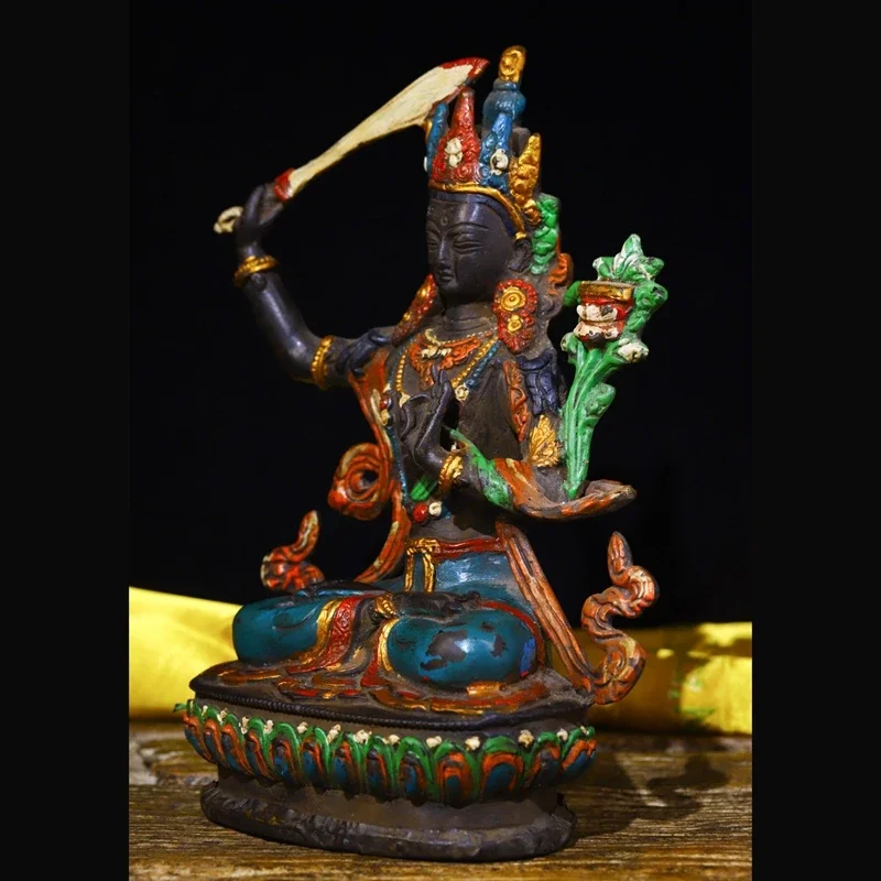 Antiques and antiques collection Tibet ancient temple collection pure copper painting sword holding Bodhisattva bronze statue Bu