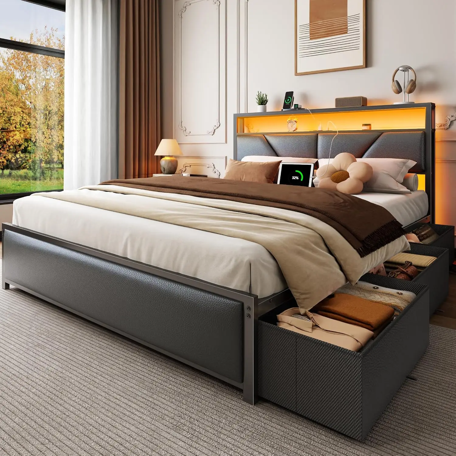 Queen Bed Frame with Storage Headboard, 6 Drawers, LED & Charging，Customized