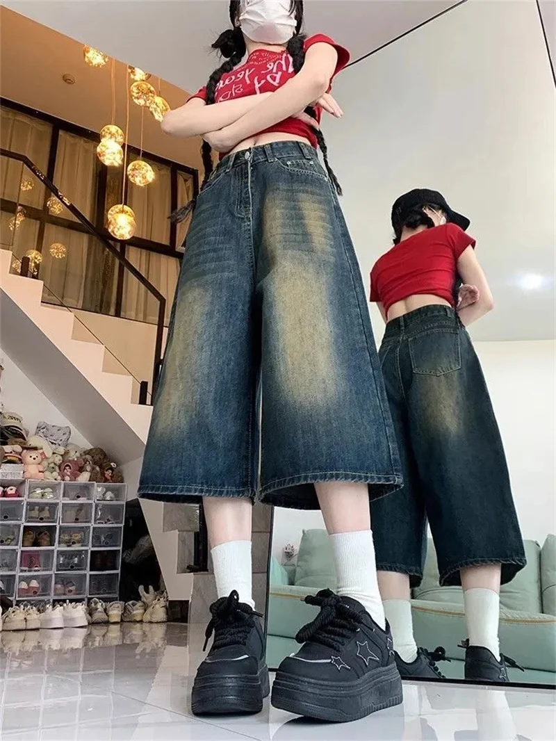 

High Street Retro Wide Leg Seven Part Denim Shorts For Women's Summer New High Waisted Slimming Loose Straight Leg Short Pants