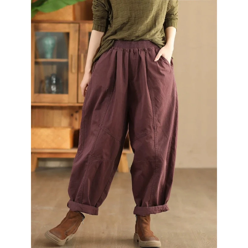 Masss Wasss Fall British Classic Womens Fashion Vintage Loose Casual Pants Ladies Soild Fitness Elegant Elastic Waist Trousers