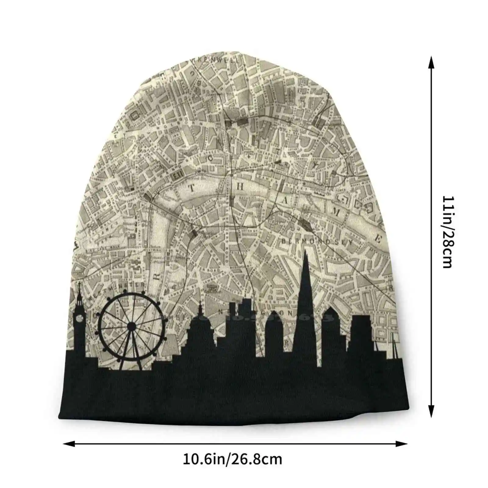 London Skyline Over Vintage Map Knitted Hat Warm Beanie Outdoor Caps Skyline Map London