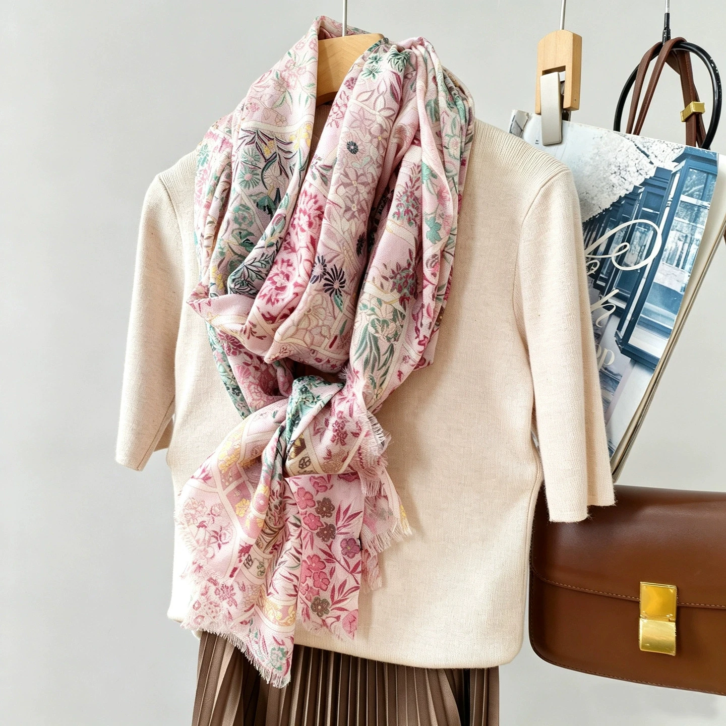 Winsleter-Women 100%Wool Elegant Long Scarf, 200*100CM Print, Mom Gift Sweet Chic Thin Shawl Scarves, 2026 Autumn New A69547CC