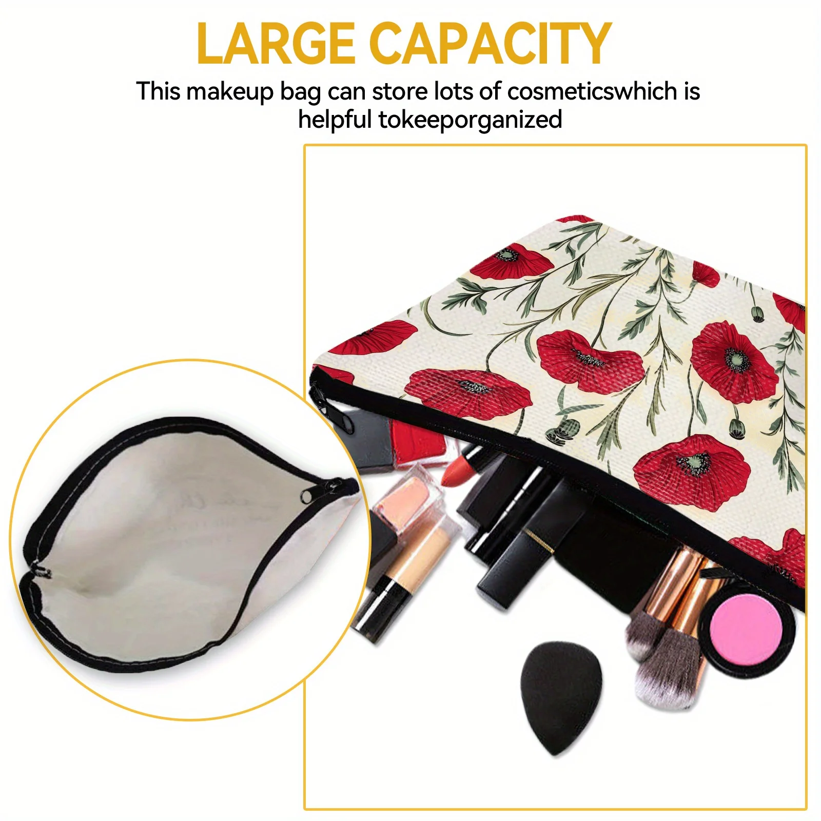 1pc Floral Makeup Bag with Zipper Closure, Casual Style Large Toiletry Pouch for Women Poppy Cosmetic Bag for Travel Bag