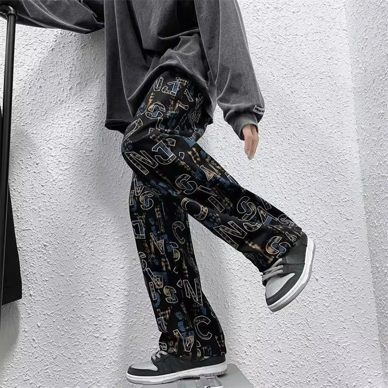 Male Trousers Wide Graffiti Men's Casual Pants Autumn Winter Straight Original Clothing Baggy Cotton Low Price Stylish New In