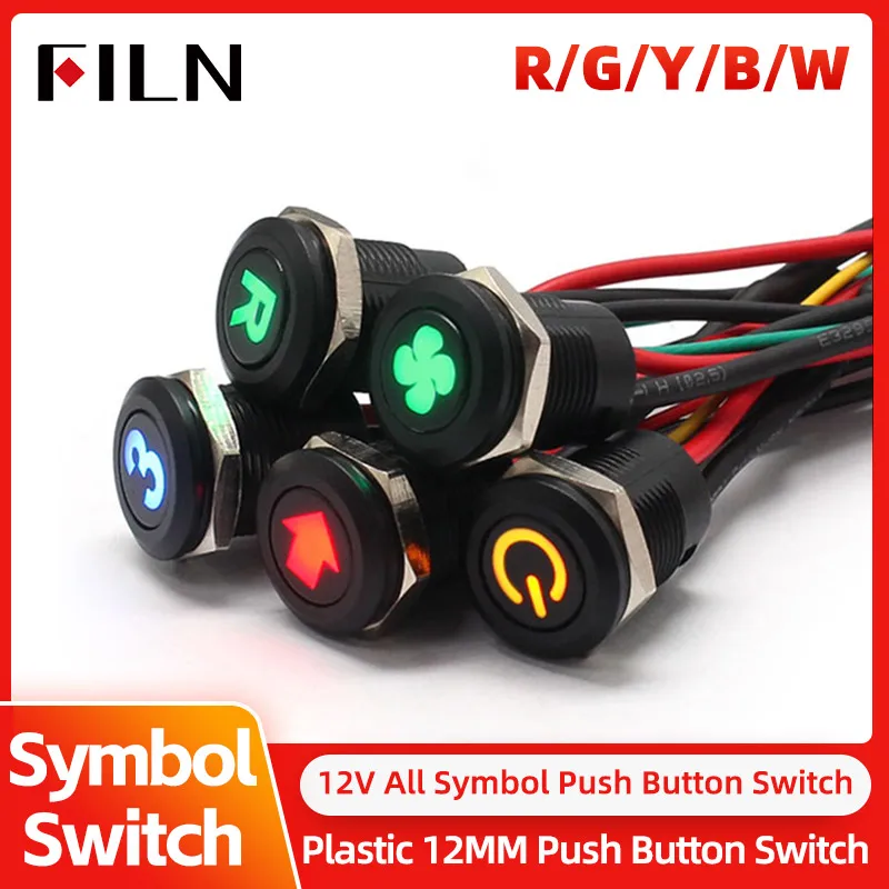 FILN Waterproof Plastic Button Momentary Push Button Switch with DashBoard Symbol 12mm 12v Racing Car Boat IP65