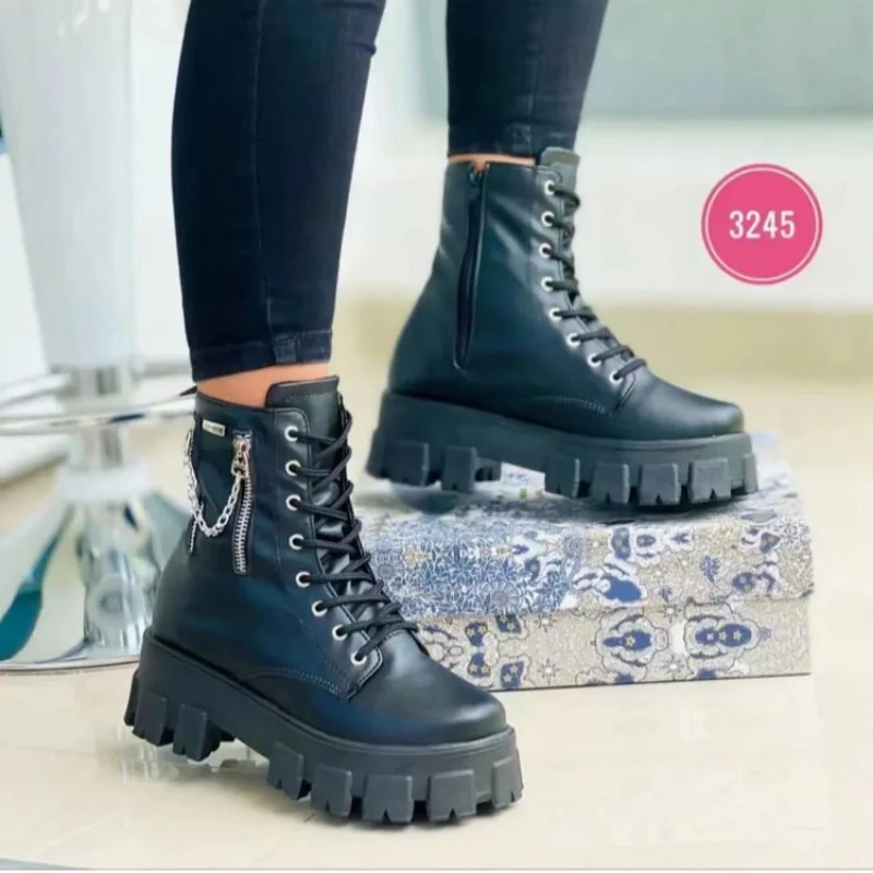 2023 Winter Trend Women\'s Boots Patent Leather Zipper Warm Punk Gothic Combat Boots Lace Up Sports Casual Thick Sole Biker Boots