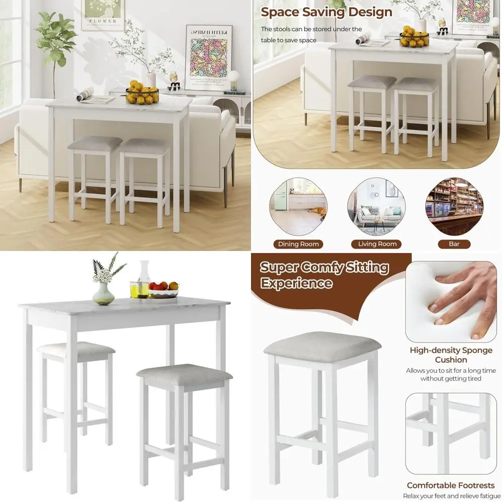 

Обеденный комплект из 3 предметов для столовой на высоту барной стойки с 2 мягкими стульями, ножками из каучукового дерева, противоскользящими накладками, белый и серый цвета