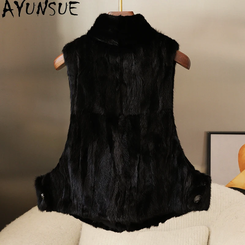 AYUNSUE Mink Fur Vest for Woman 2025 New Black Vest Woman Coat Winter Autumn Clothes Luxury Clothing for Woman Manteau Femme