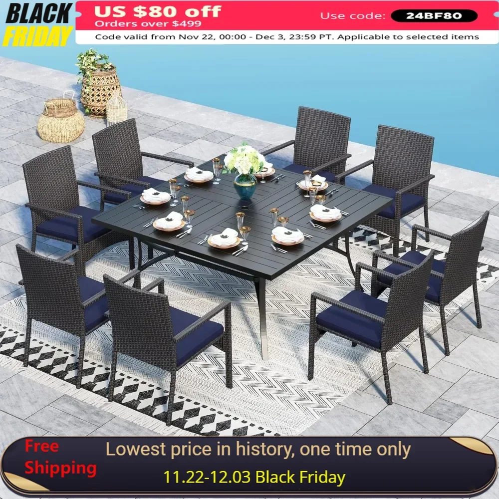 

9 Pieces Patio Dining , 60" Large Square Patio Table and Rattan Chairs Set,able Set for Outside, All Weather Outdoor Dining Set