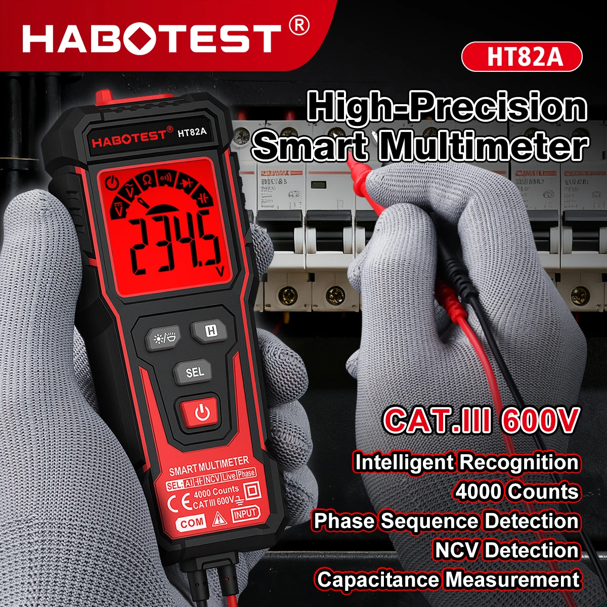 HABOTEST HT82A Digital Multimeter Voltage Tester 4000 Counts 600V AC/DC Volt Meter NCV Phase Sequence Auto Ranging Multimetre