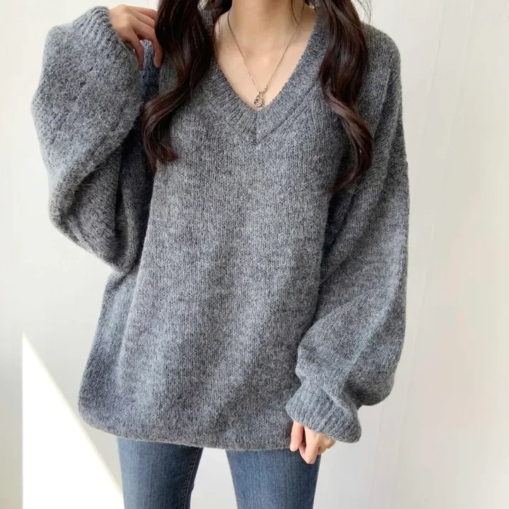 

Chic V-Ne Long Sve Women's Knitwear Casual Loose Sle Autumn Winter Faionable Comfortable Crew Ne Pullover Top
