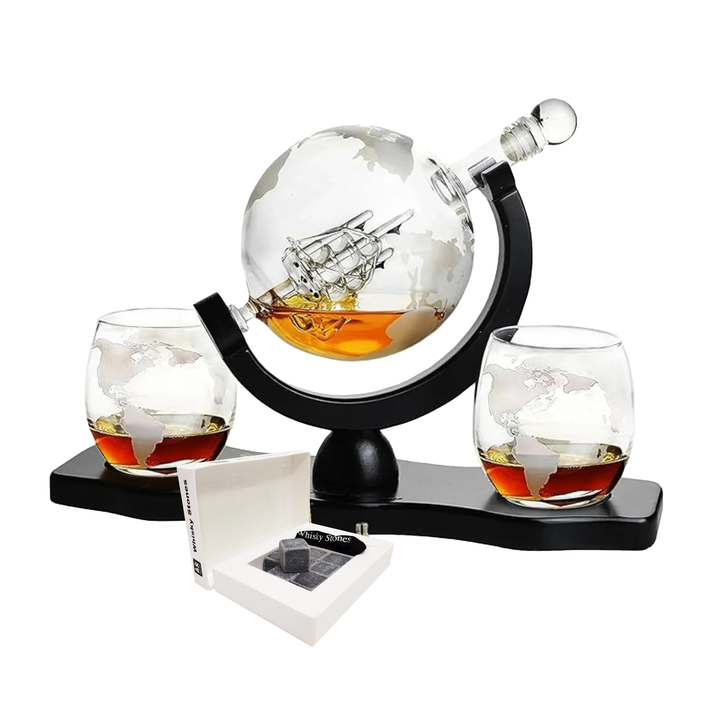 

Whiskey & Wine Decanter Globe World Set with Globe Glasses Anniversary Birthday House Warming for Liquor Scotch Bourbon Vodka