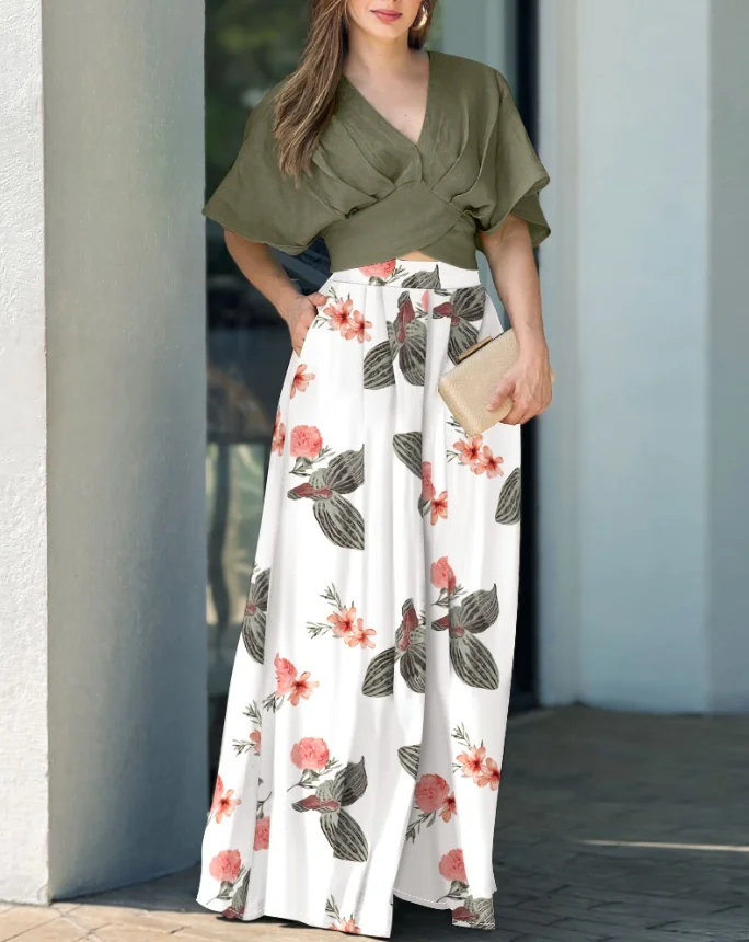 

Womens Fashion 2 Pieces Outfits Summer New Plain V Neck Short Sleeve Ruched Top & Women's Floral Print Causal Wide Leg Pants Set