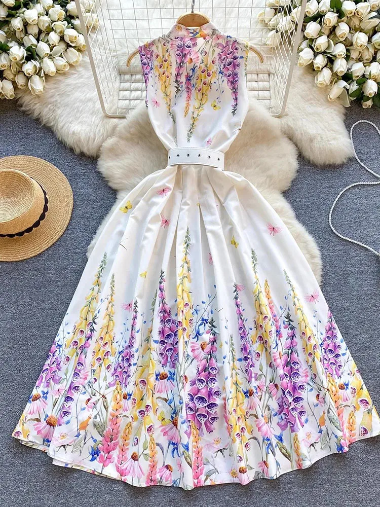 Women's Sleeveless Bow Neck Floral Print Belt Boho Vest Dress Runway Summer Holiday Single Breasted Flower Tank Party Vestidos