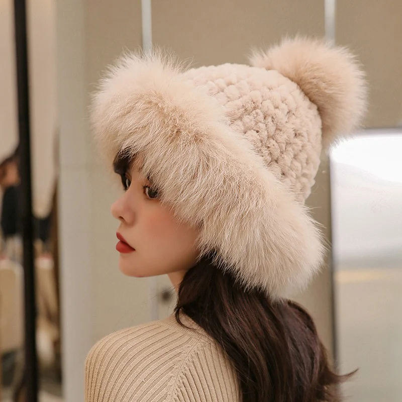 Women's New Casual hat Real Fox Hair Thick Warm Hat Fluffy Rabbit Hair Winter Outdoor Plush Fashion Elastic Hat 2023