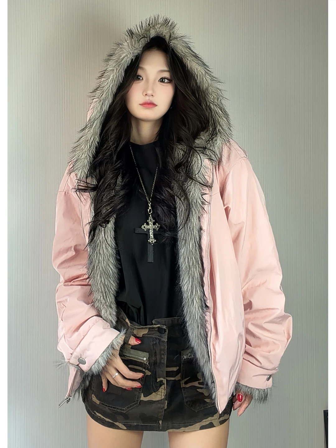

Warm Thiened American Sle Women's Cotton Jaet Coat with Fur Collar Hooded Winter Outerwear Faionable Brand